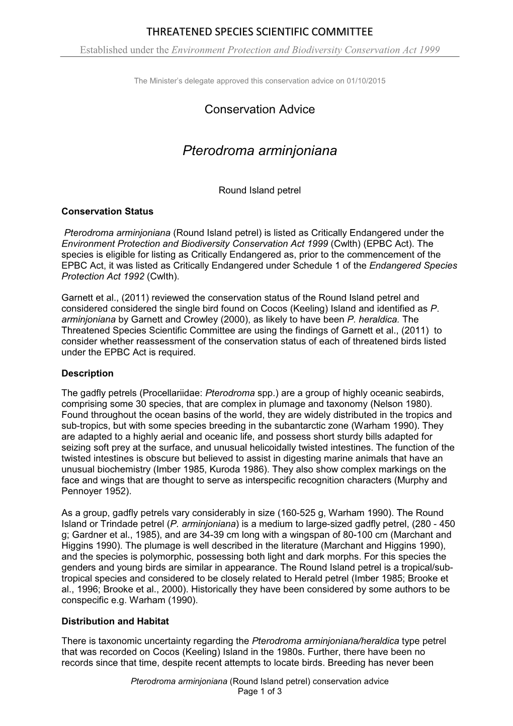 Conservation Advice Pterodroma Arminjoniana