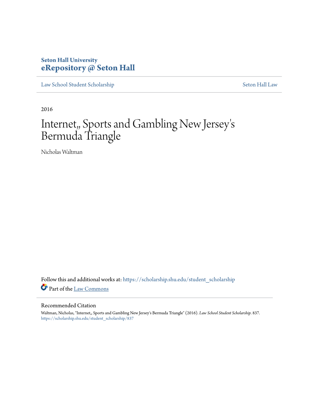 Internet,, Sports and Gambling New Jersey's Bermuda Triangle Nicholas Waltman