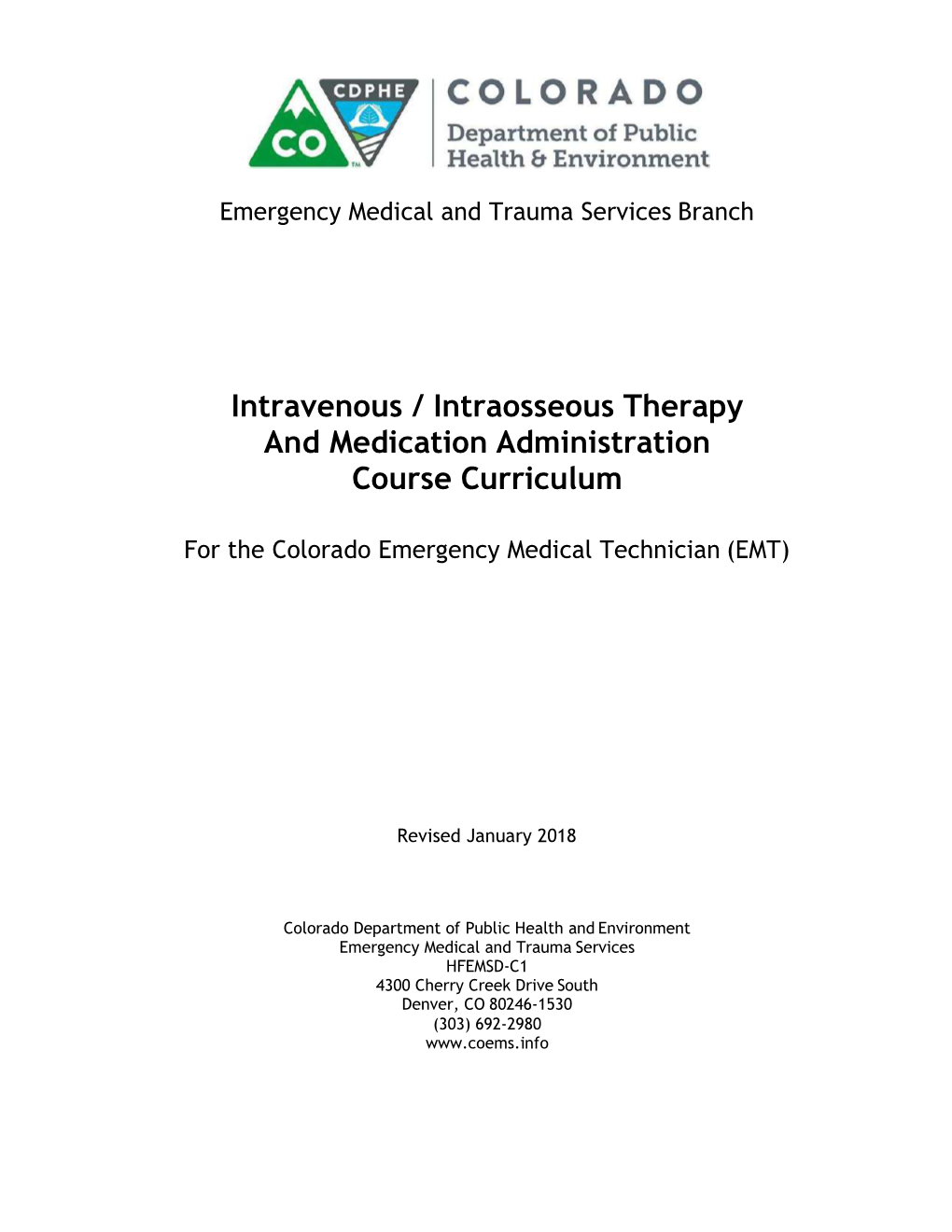 CDPHE Intravenous/Intraosseous Therapy and Medication