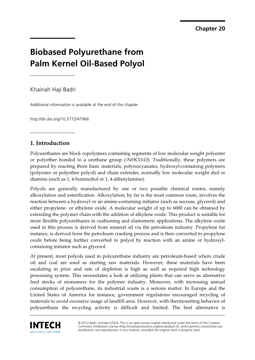 Biobased Polyurethane from Palm Kernel Oil-Based Polyol