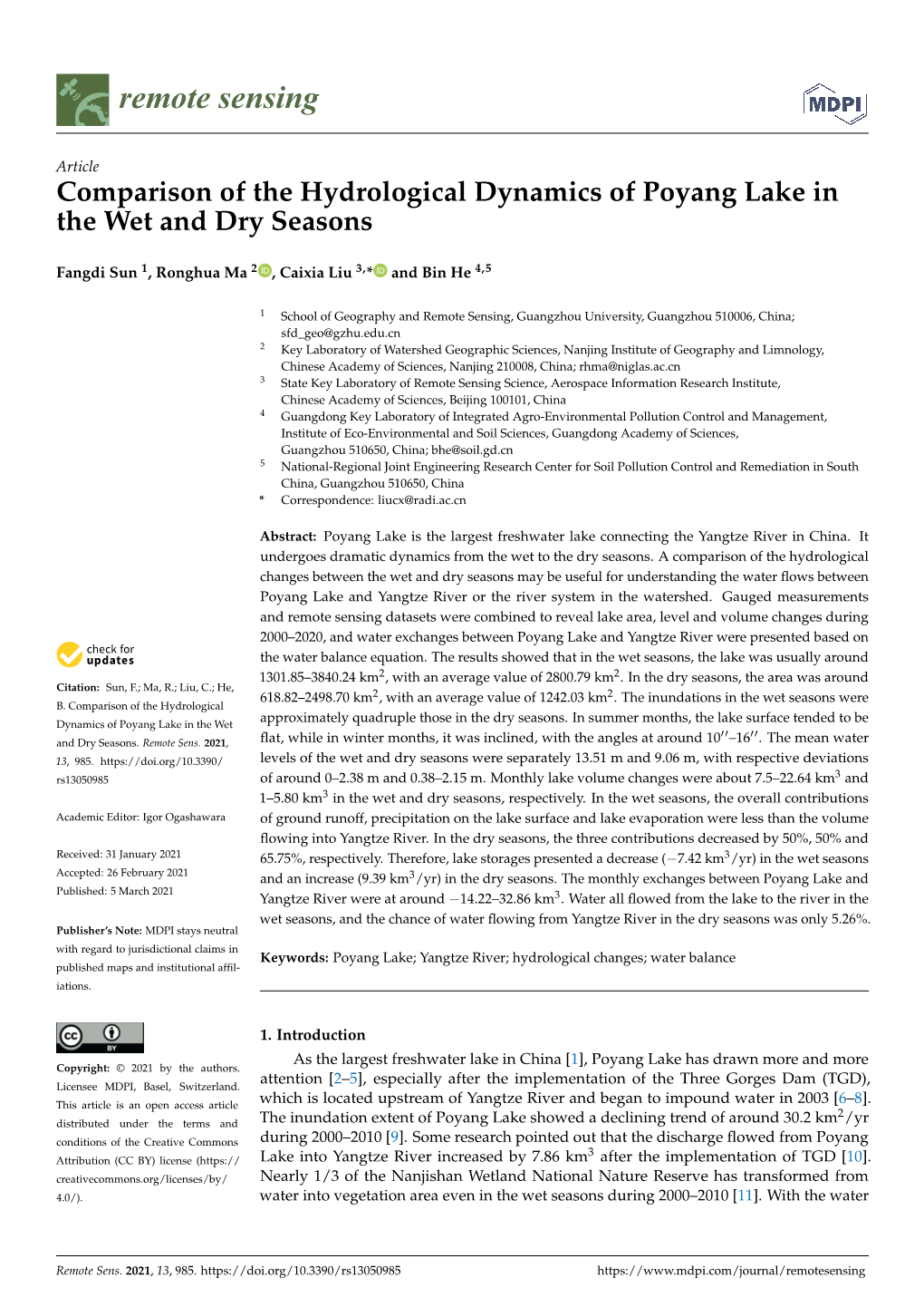 Comparison of the Hydrological Dynamics of Poyang Lake in the Wet and Dry Seasons