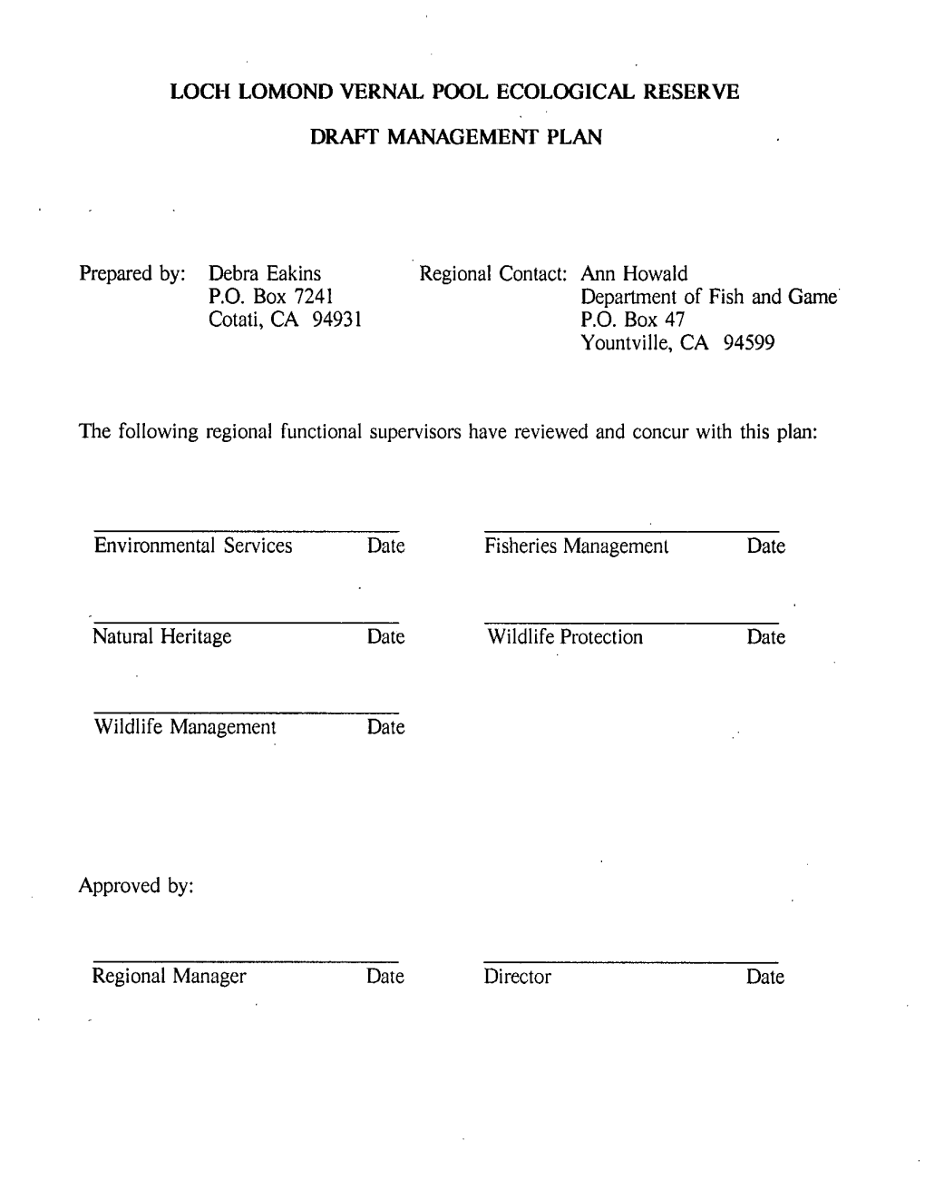 Loch Lomond Vernal Pool Ecological Reserve Draft