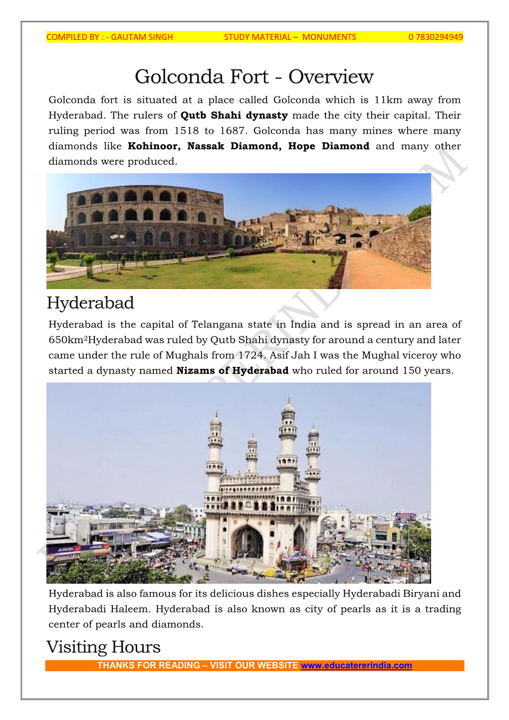 Golconda Fort - Overview Golconda Fort Is Situated at a Place Called Golconda Which Is 11Km Away from Hyderabad