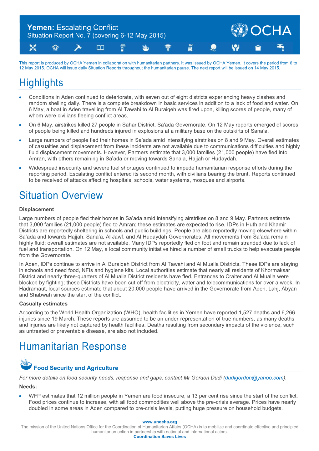 Highlights Situation Overview Humanitarian Response