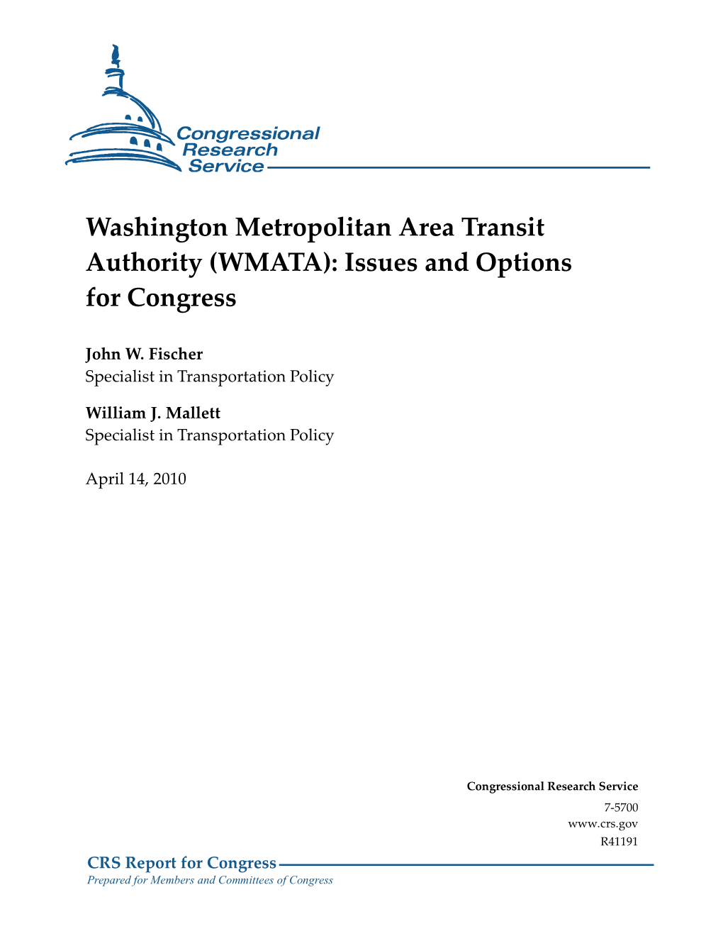 Washington Metropolitan Area Transit Authority (WMATA): Issues and Options for Congress