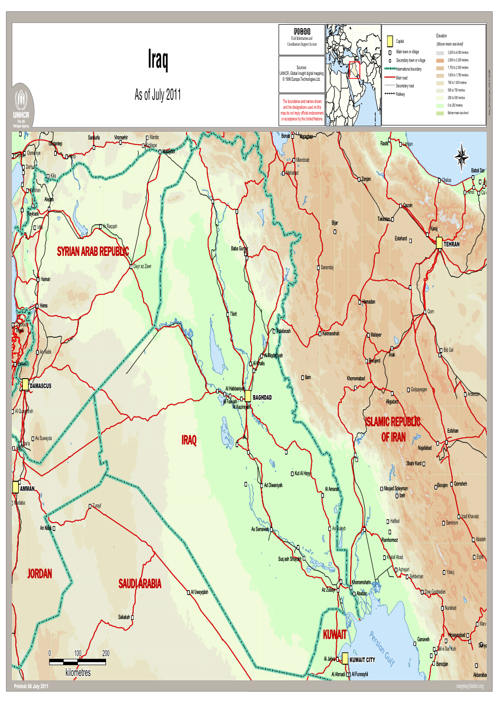 Iraq Sources: International Boundary 1,750 to 2,500 Metres UNHCR, Global Insight Digital Mapping 1,000 to 1,750 Metres © 1998 Europa Technologies Ltd