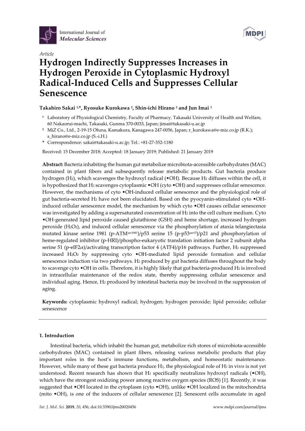 Hydrogen Indirectly Suppresses Increases in Hydrogen Peroxide in Cytoplasmic Hydroxyl Radical-Induced Cells and Suppresses Cellular Senescence