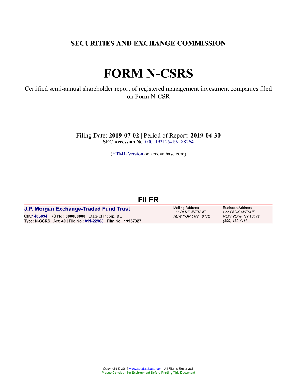 J.P. Morgan Exchange-Traded Fund Trust Form N-CSRS Filed 2019-07-02