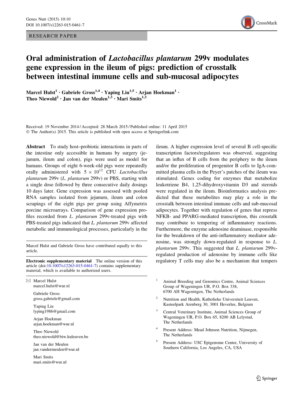 Oral Administration of Lactobacillus Plantarum 299V