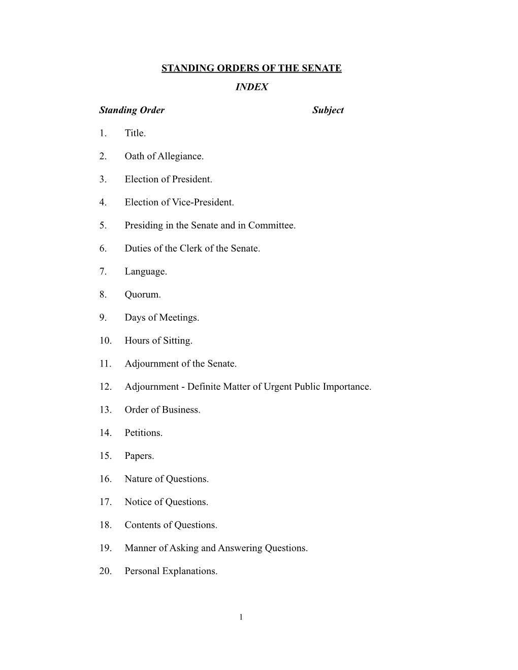 Standing Orders of the Senate Index