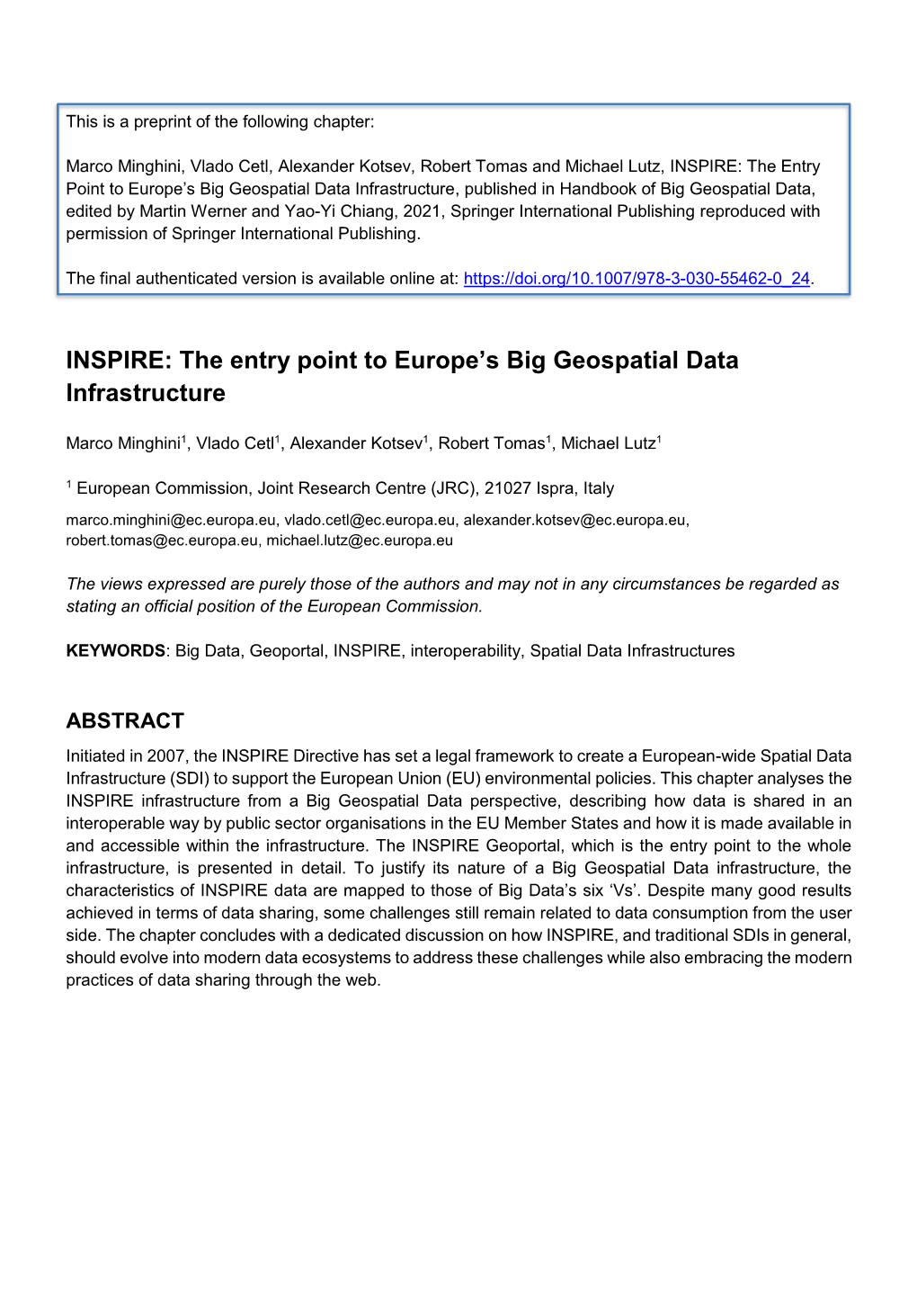 INSPIRE: the Entry Point to Europe's Big Geospatial Data Infrastructure