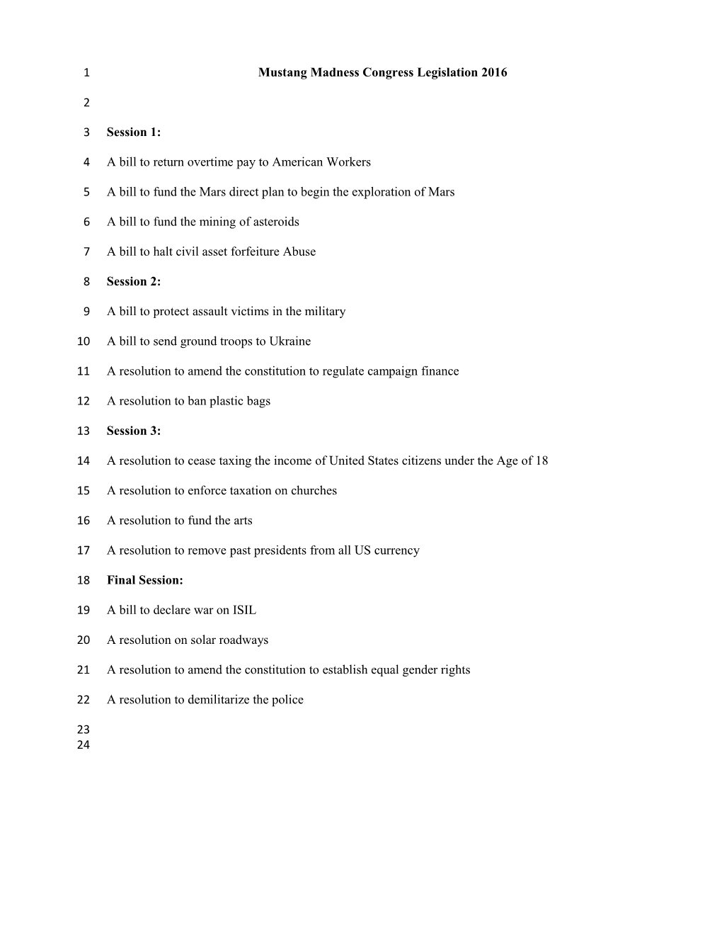 Mustang Madness Congress Legislation 2016