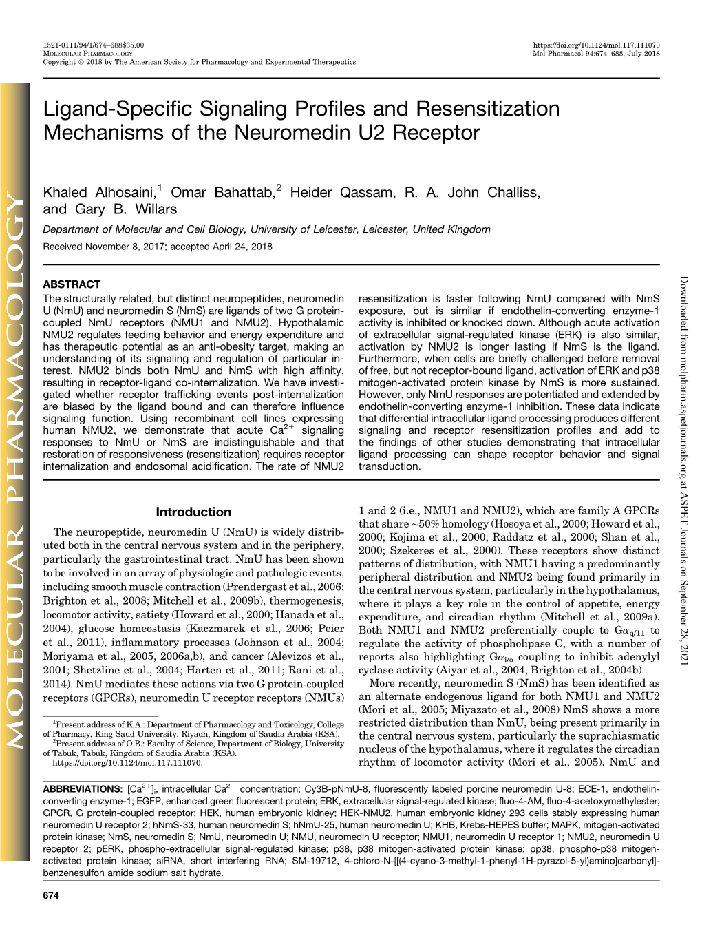 Ligand-Specific Signaling Profiles and Resensitization Mechanisms of the Neuromedin U2 Receptor