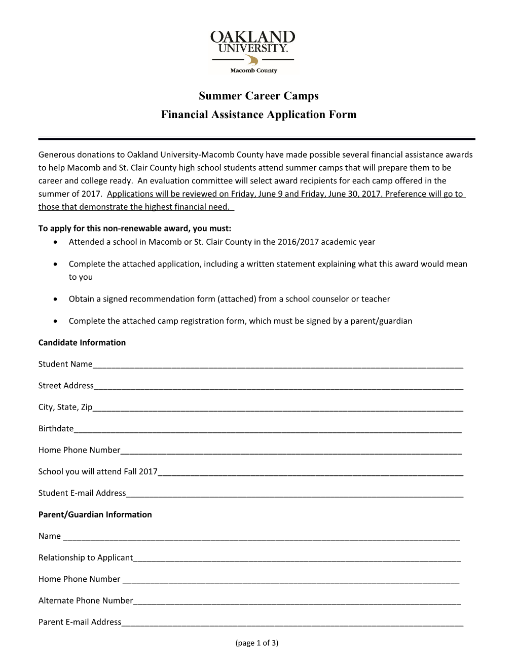 Financial Assistance Application Form