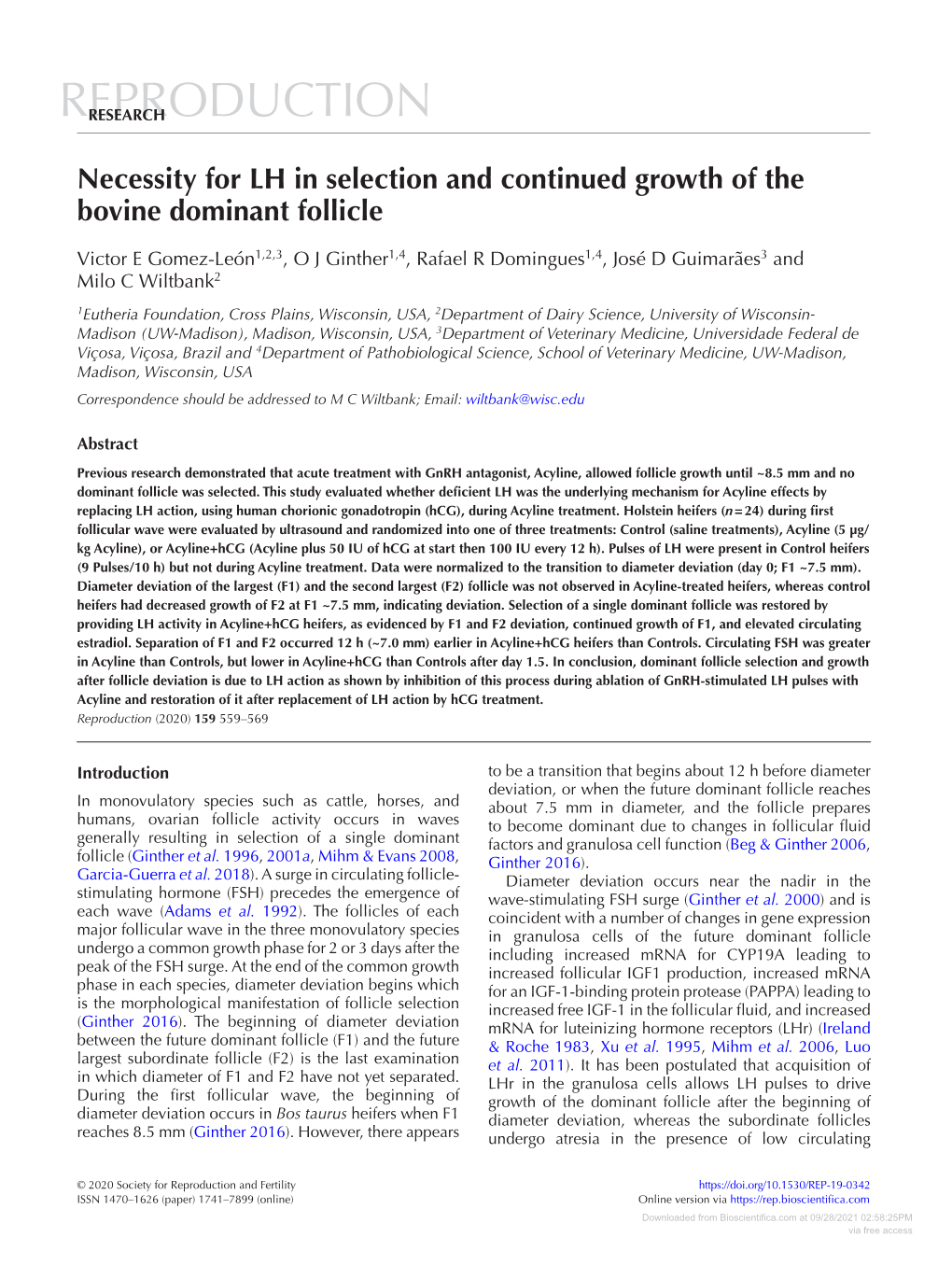 Necessity for LH in Selection and Continued Growth of the Bovine Dominant Follicle