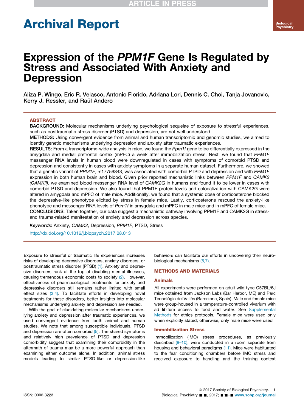Expression of the PPM1F Gene Is Regulated by Stress and Associated with Anxiety and Depression