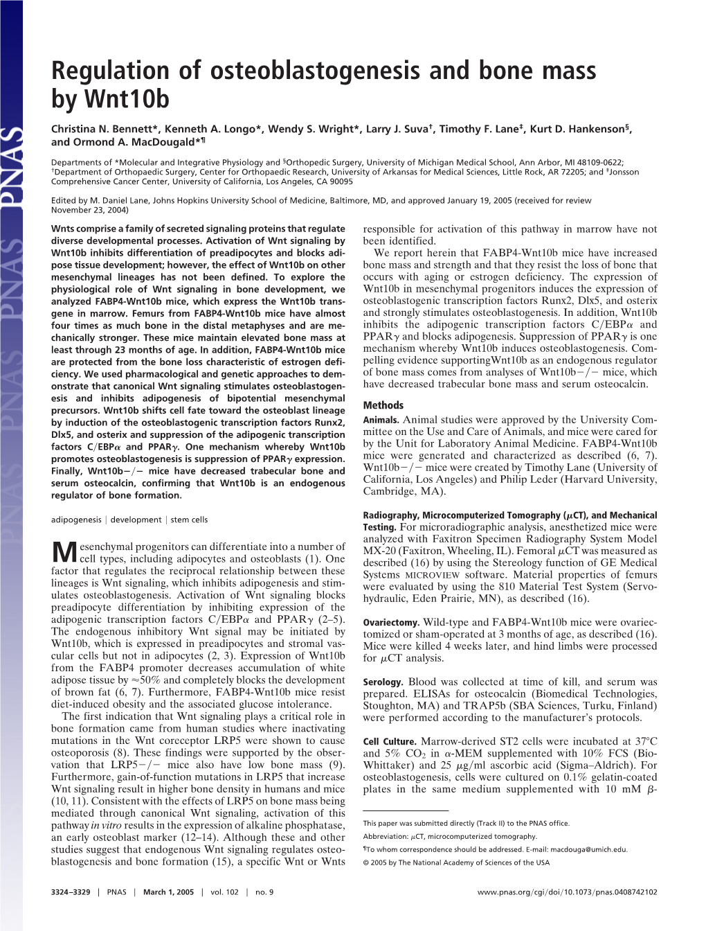 Regulation of Osteoblastogenesis and Bone Mass by Wnt10b