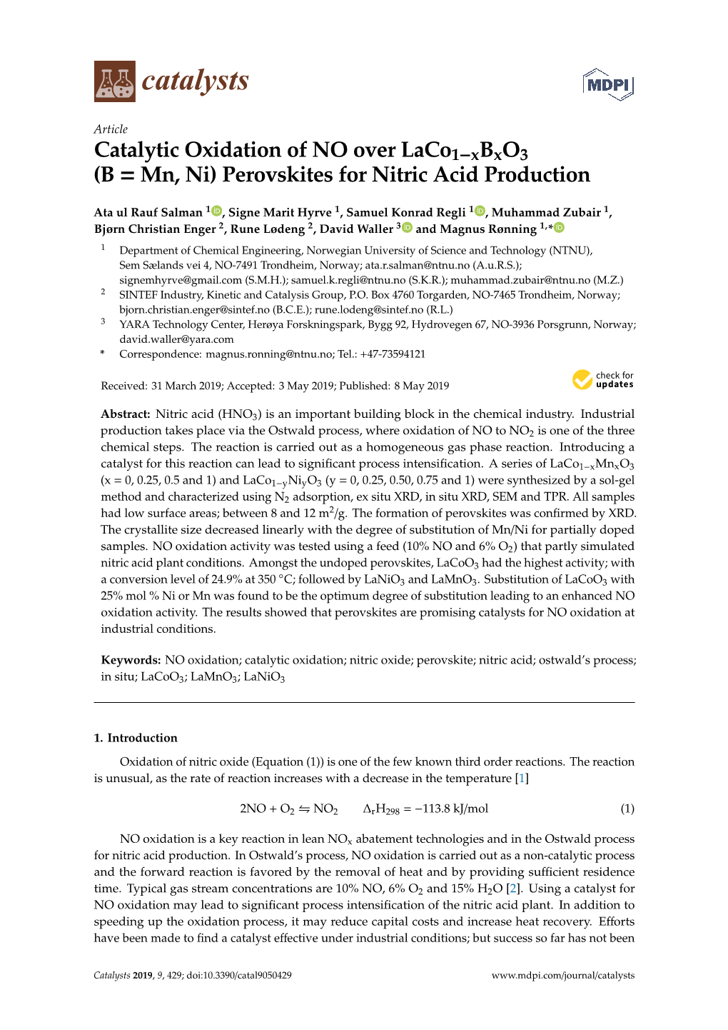 Catalytic Oxidation of NO Over Laco1-Xbxo3 (B = Mn