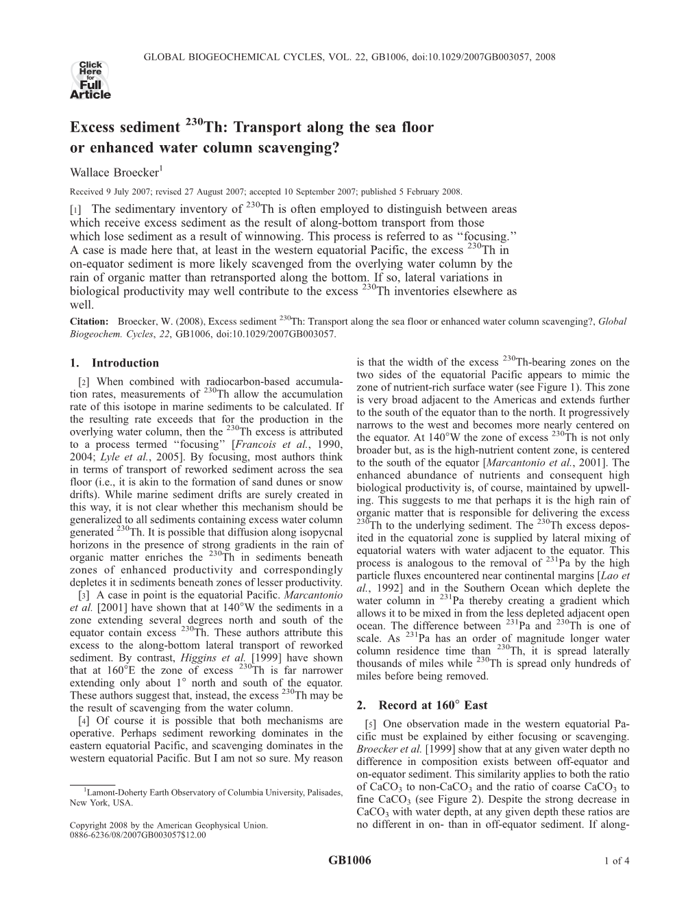 Excess Sediment Th: Transport Along the Sea Floor Or Enhanced Water