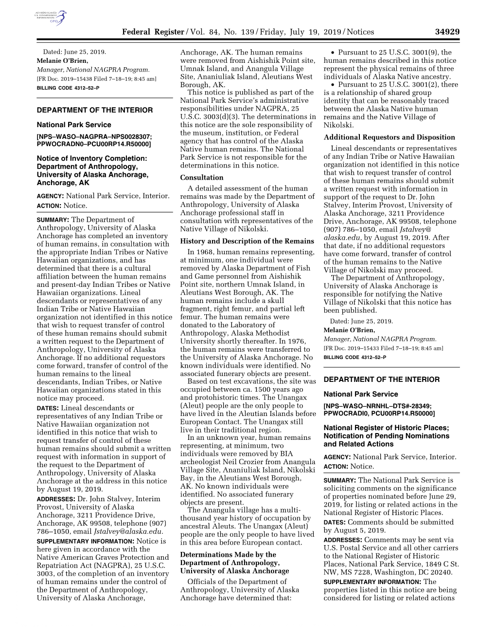 Federal Register/Vol. 84, No. 139/Friday, July 19, 2019/Notices