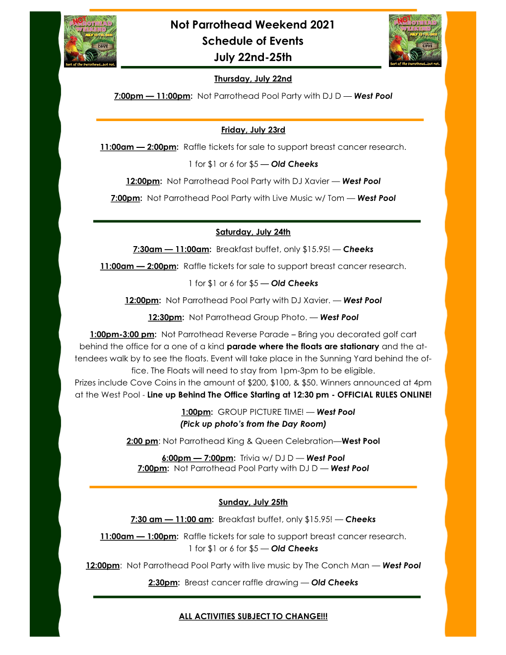 Not Parrothead Weekend 2021 Schedule of Events July 22Nd-25Th