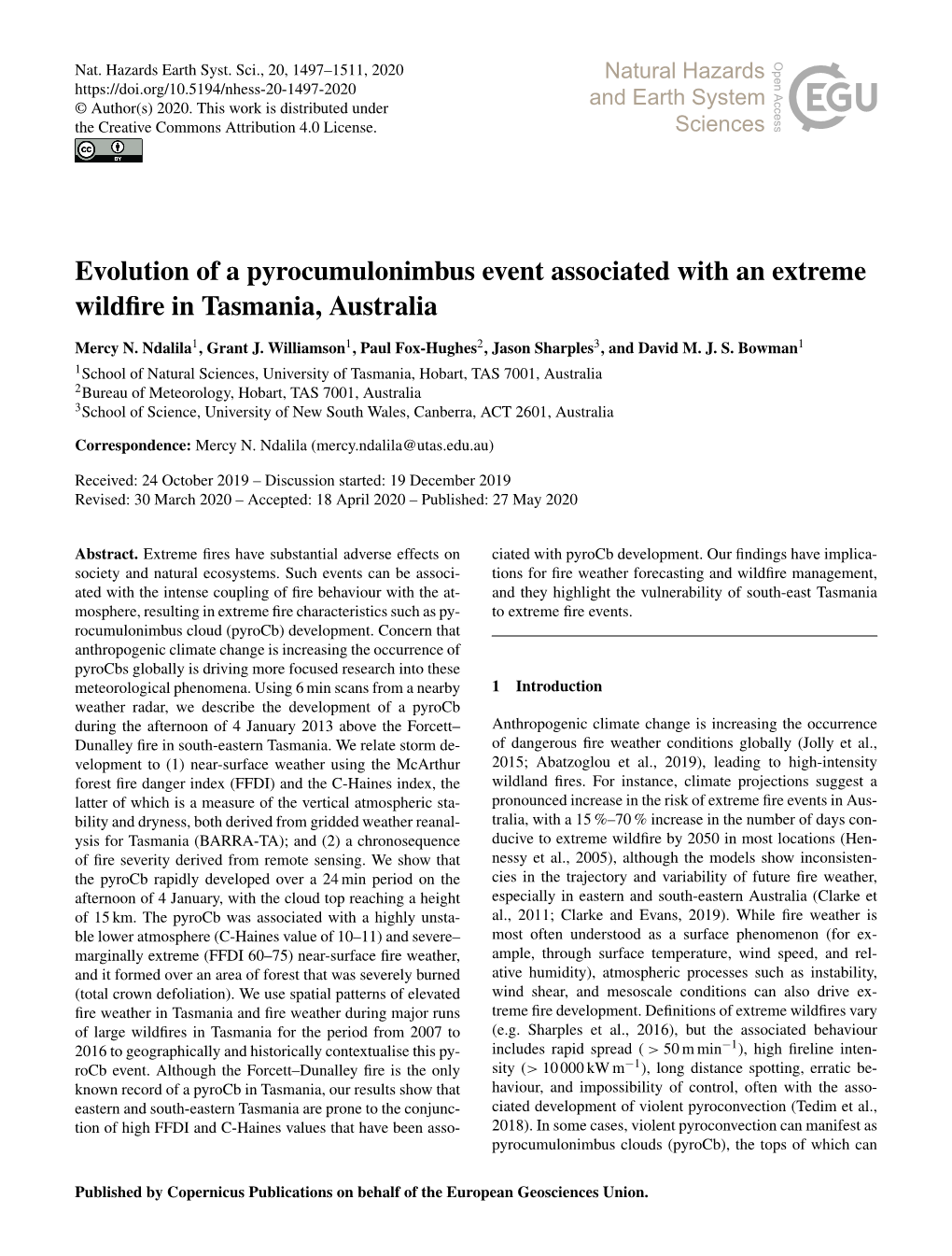 Evolution of a Pyrocumulonimbus Event Associated with an Extreme Wildﬁre in Tasmania, Australia