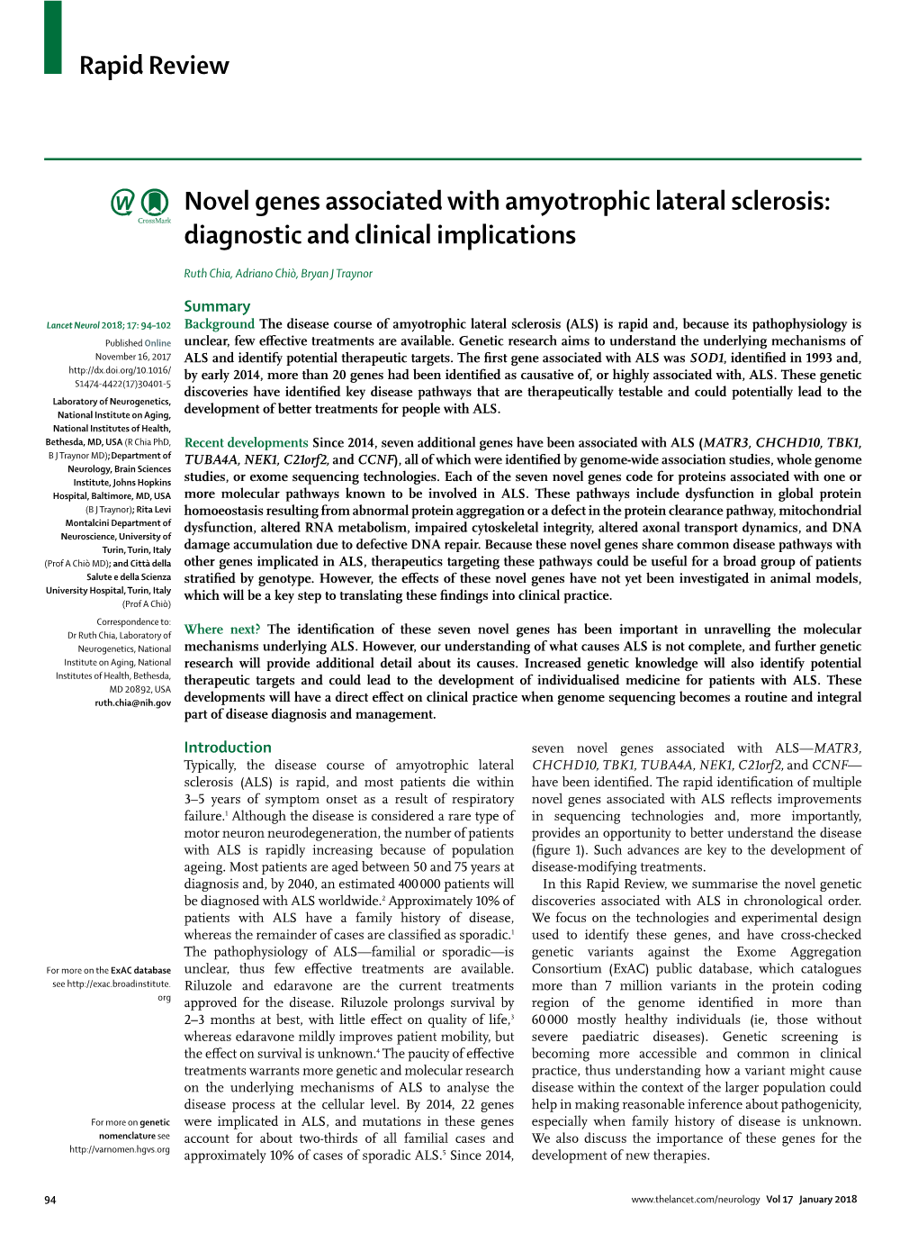 Novel Genes Associated with Amyotrophic Lateral Sclerosis: Diagnostic and Clinical Implications