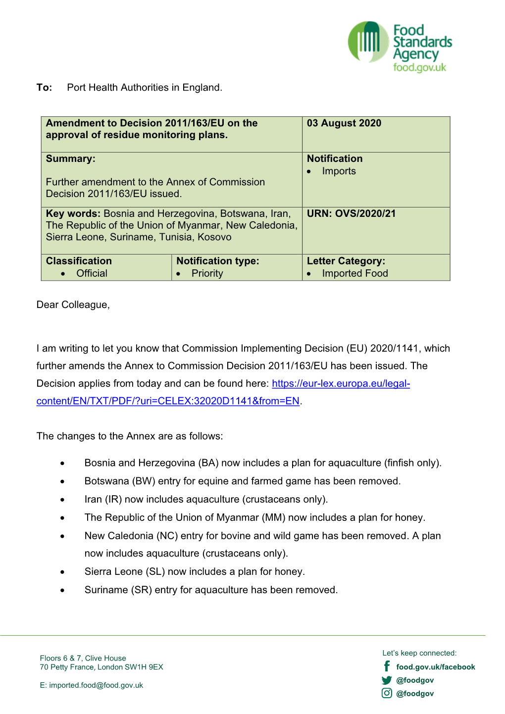 Amendment to Decision 2011/163/EU on the Approval of Residue Monitoring Plans