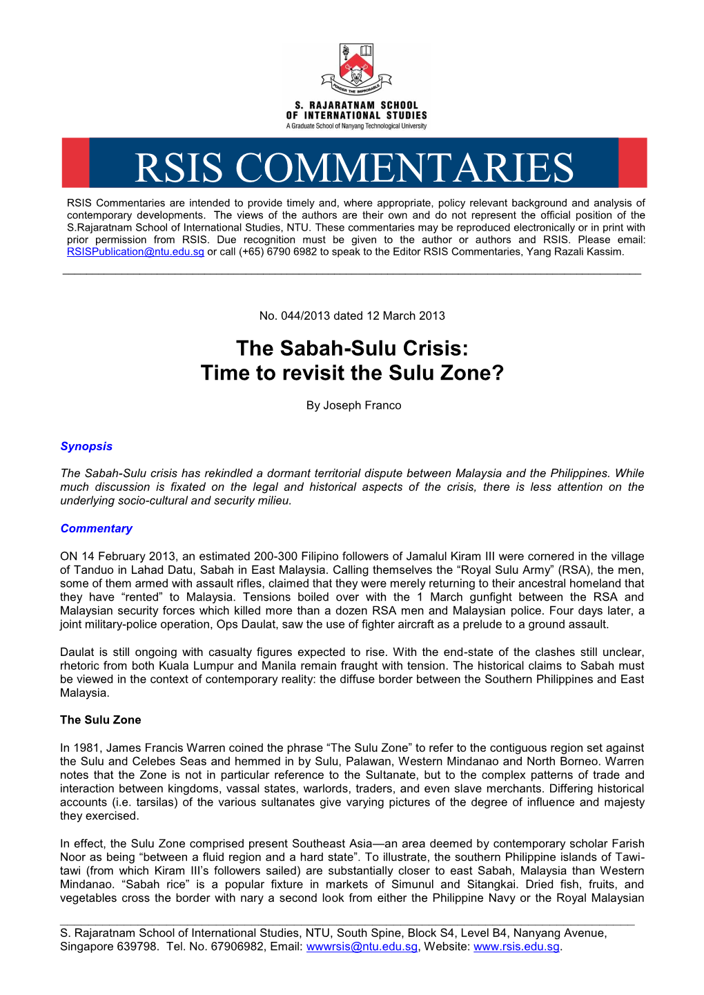 The Sabah-Sulu Crisis: Time to Revisit the Sulu Zone?