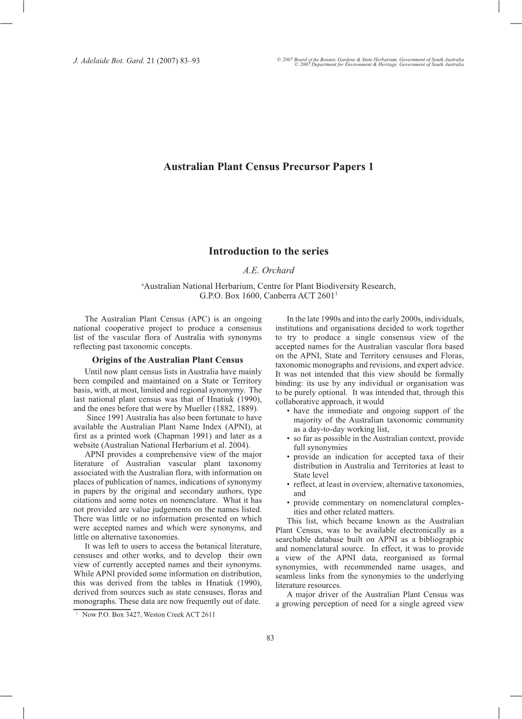 Australian Plant Census Precursor Papers 1 Introduction to the Series