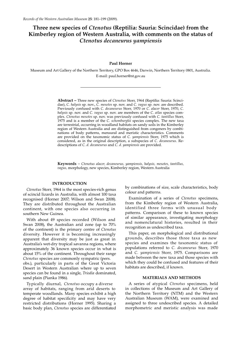 Three New Species of Ctenotus (Reptilia: Sauria: Scincidae) from the Kimberley Region of Western Australia, with Comments On