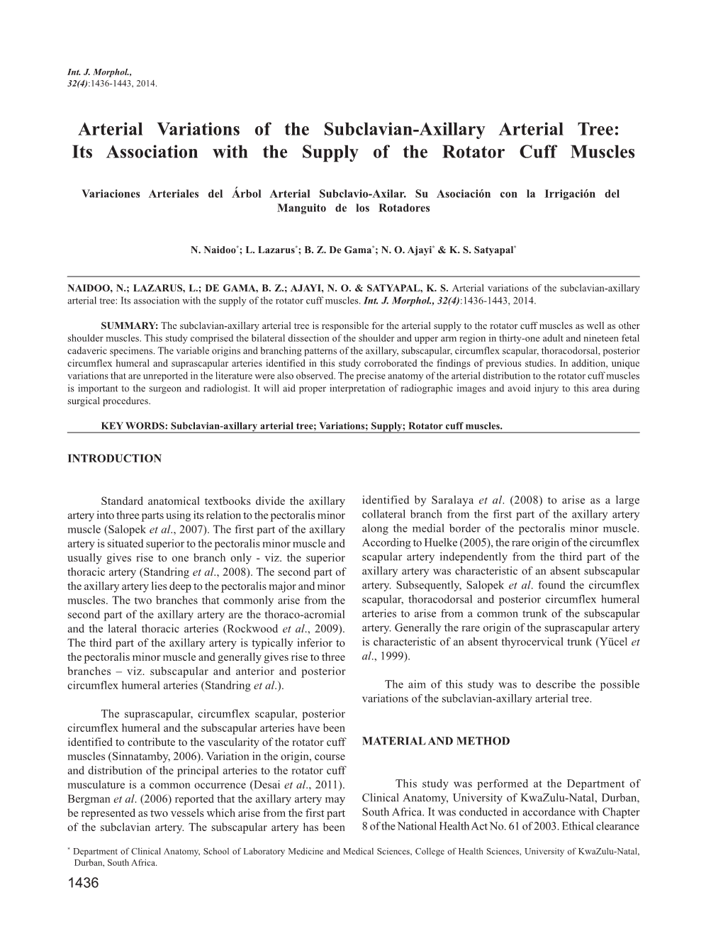 Arterial Variations of the Subclavian-Axillary Arterial Tree: Its Association with the Supply of the Rotator Cuff Muscles