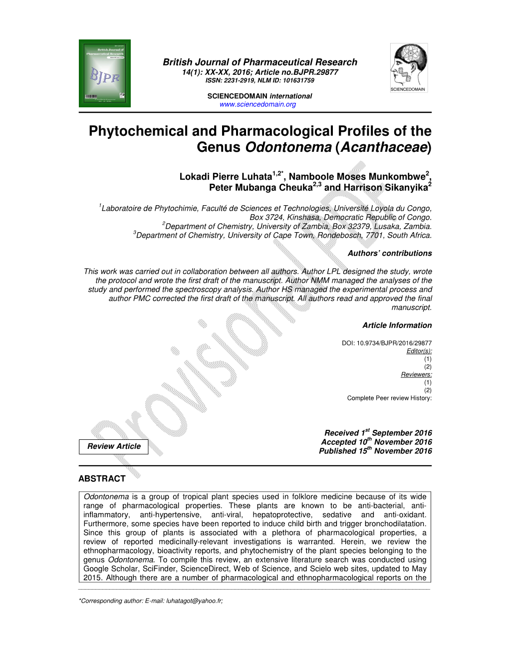 Phytochemical and Pharmacological Profiles of the Genus Odontonema (Acanthaceae )