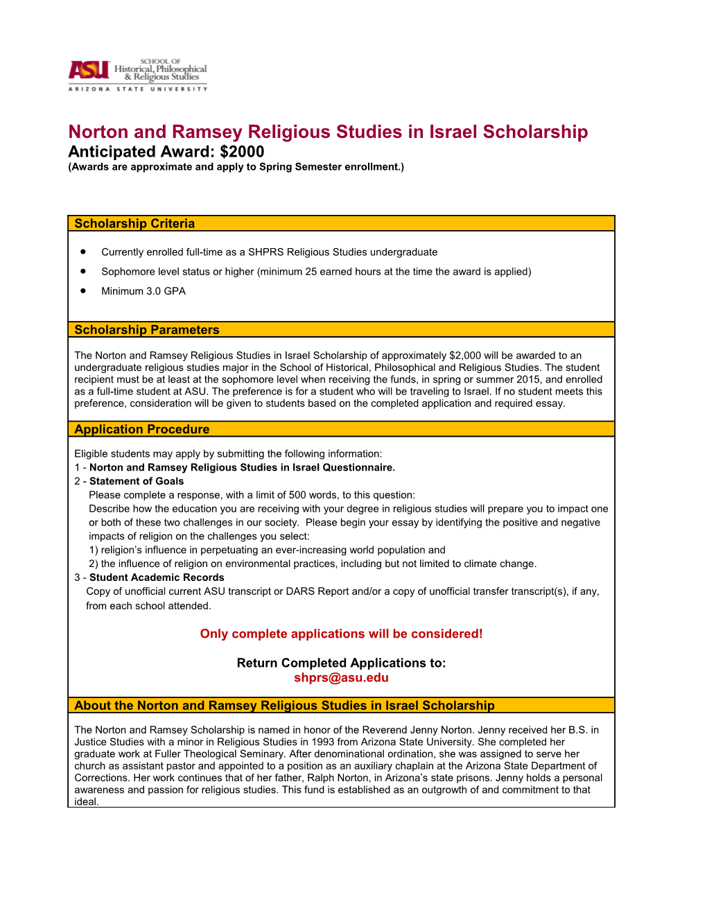 Norton and Ramsey Religious Studies in Israel Scholarship