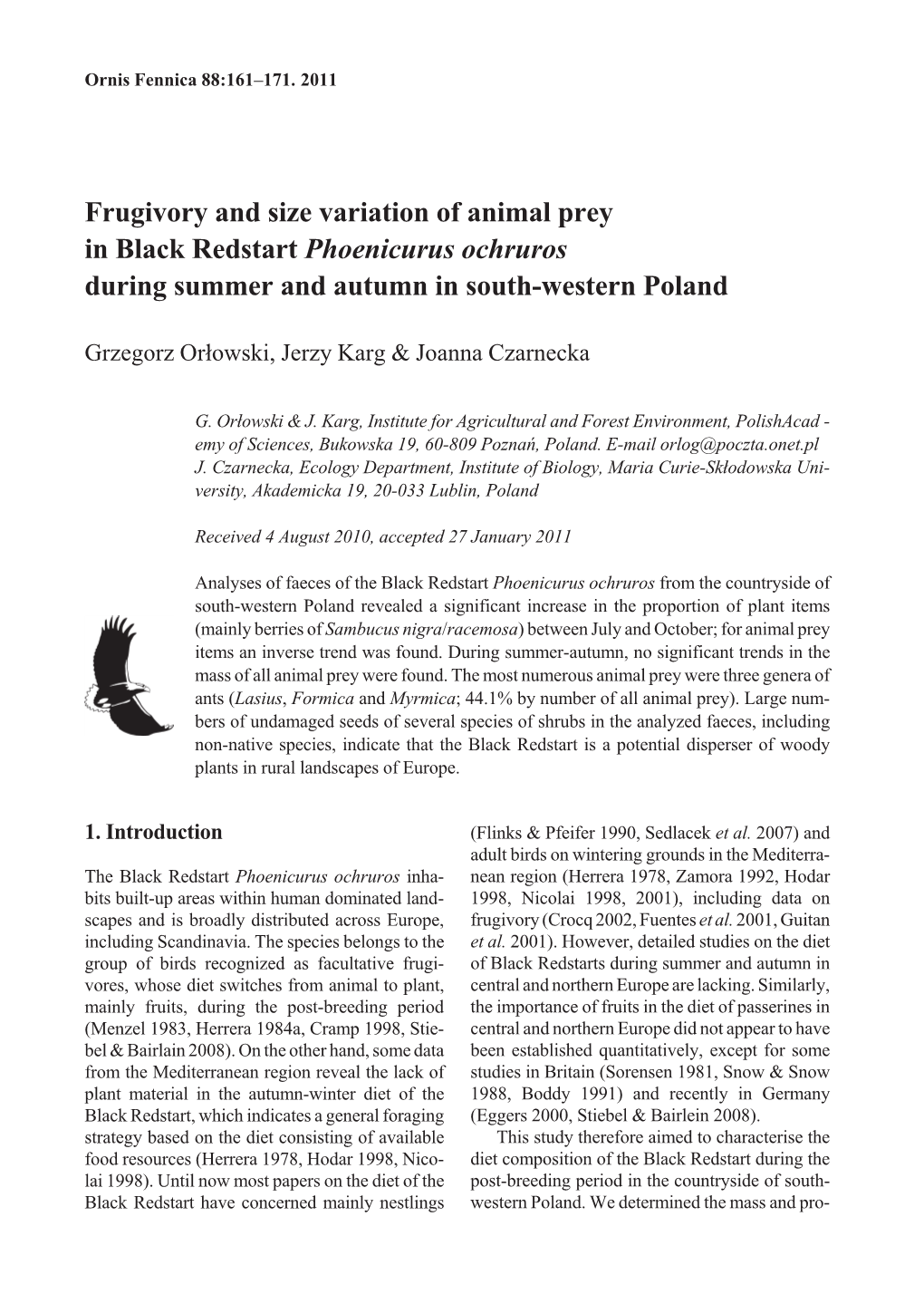 Frugivory and Size Variation of Animal Prey in Black Redstart Phoenicurus Ochruros During Summer and Autumn in South-Western Poland