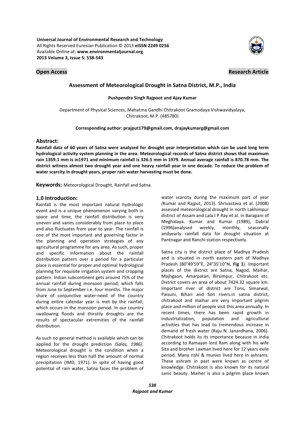 Assessment of Meteorological Drought in Satna District, M.P., India