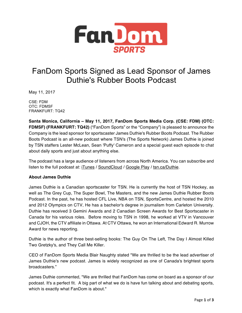 NR 2017-05-11 Fandom Sports Lead Sponsor of James Duthie's Rubber