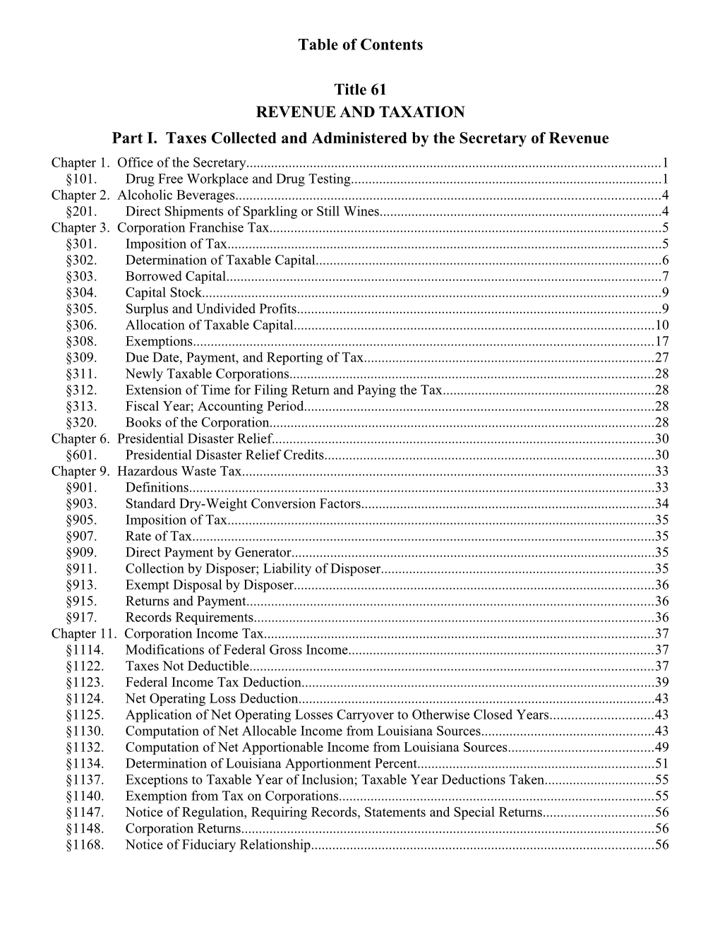 Table Of Contents:Part I. Taxes Collected And Administered By The Secretary Of Revenue