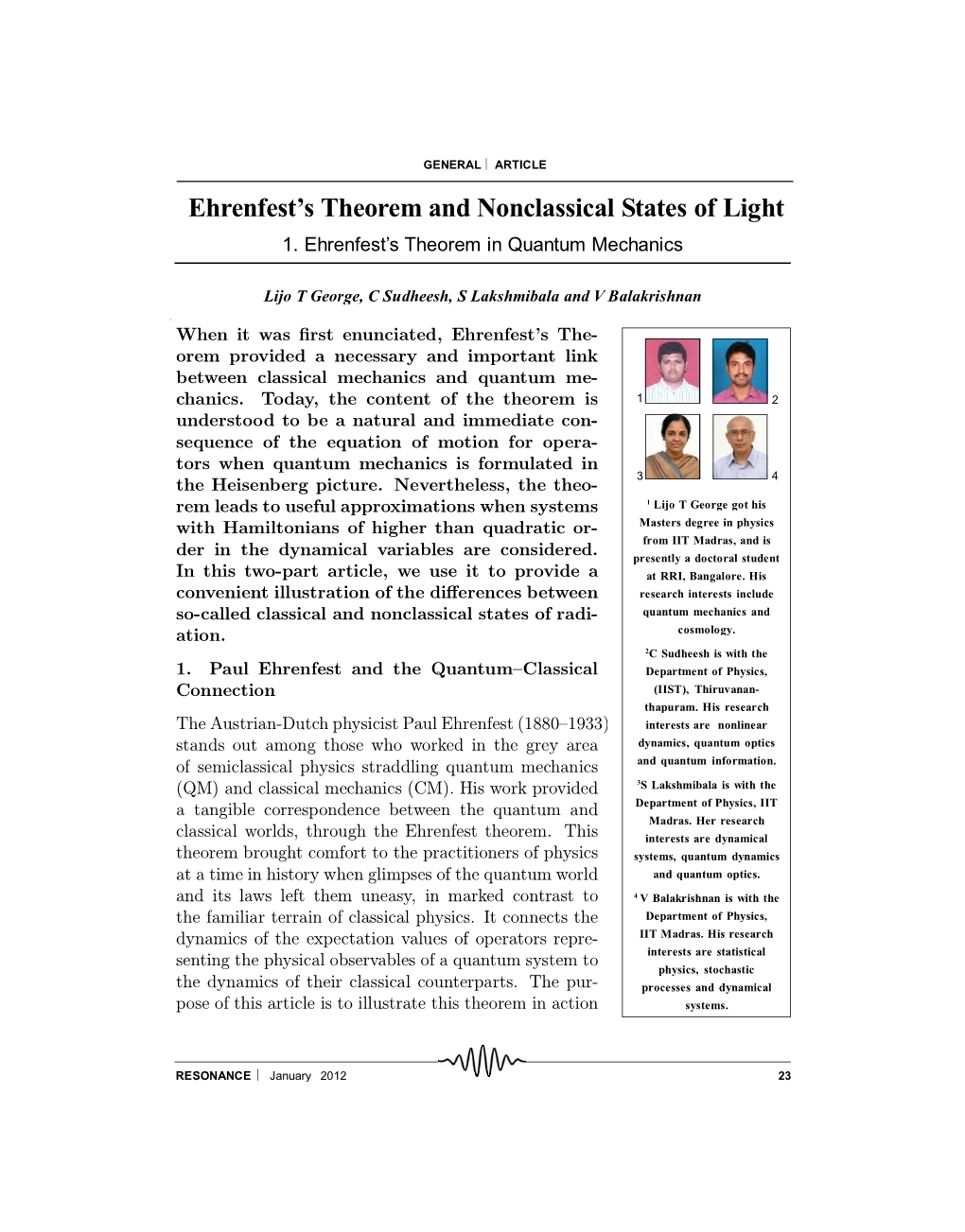 Ehrenfest's Theorem and Nonclassical States of Light