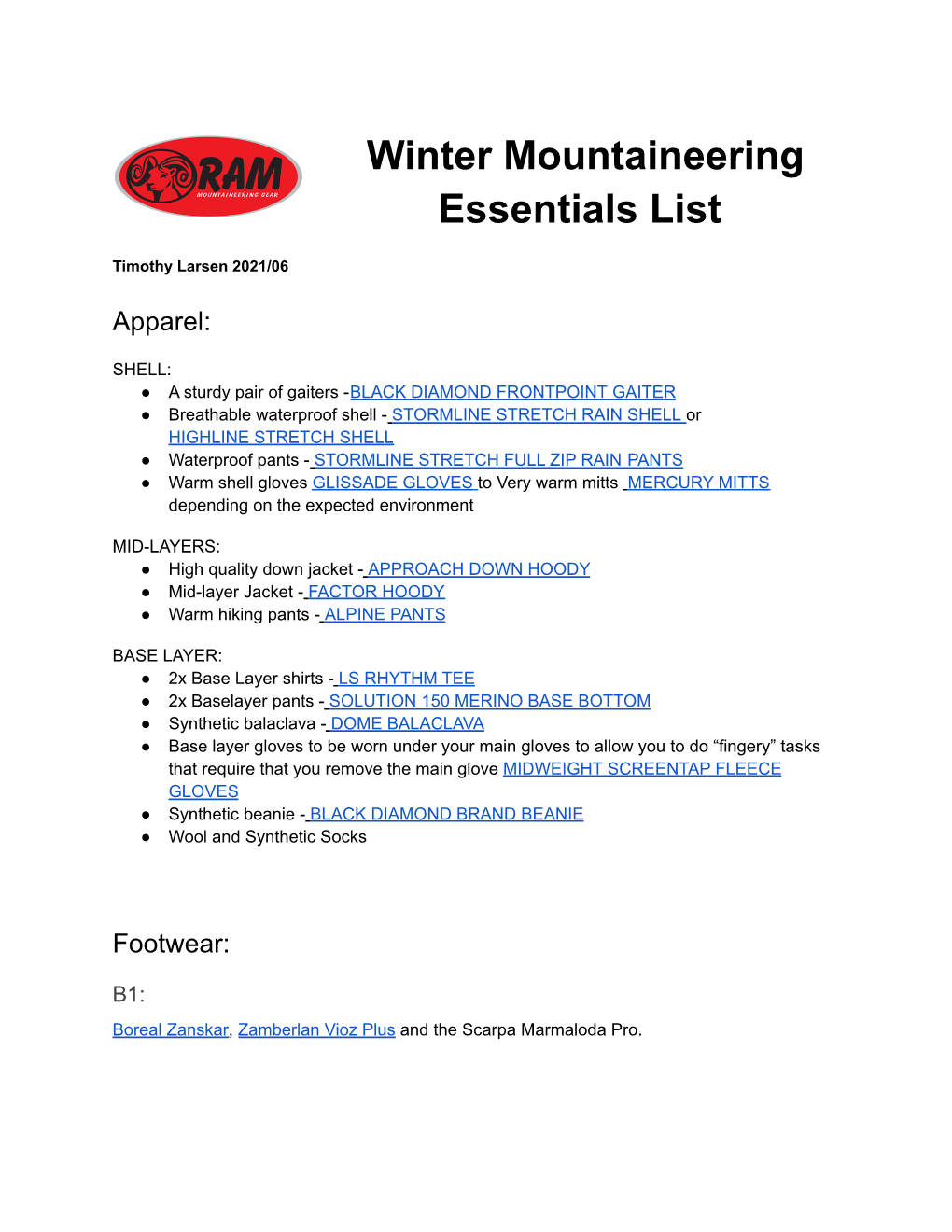 SA Winter Mountaineering Essentials List