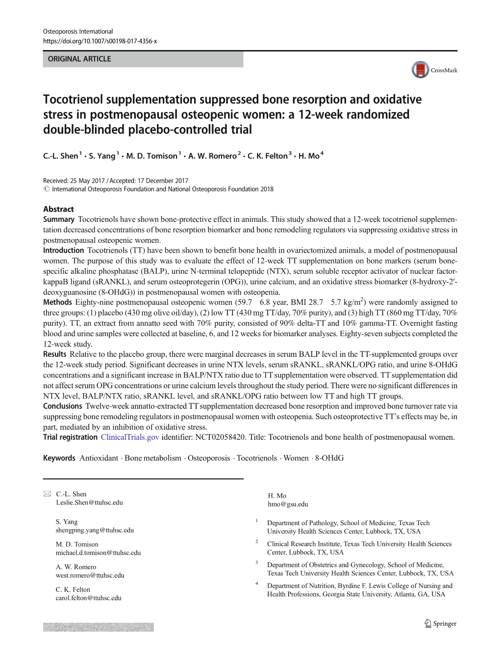 Tocotrienol Supplementation Suppressed Bone Resorption And