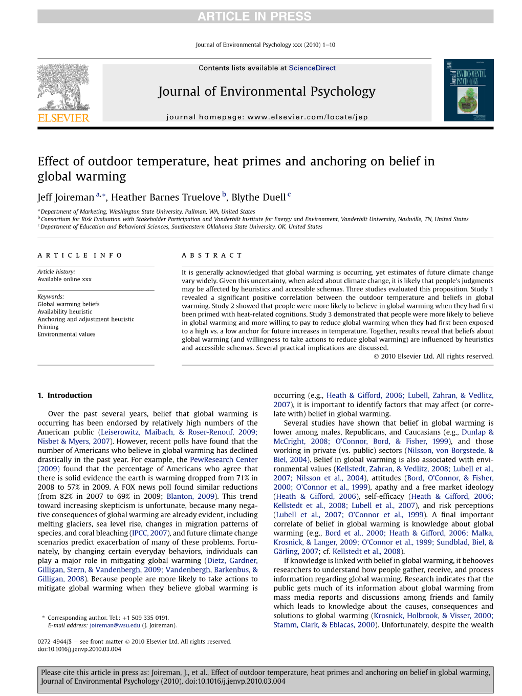 Effect of Outdoor Temperature, Heat Primes and Anchoring on Belief in Global Warming