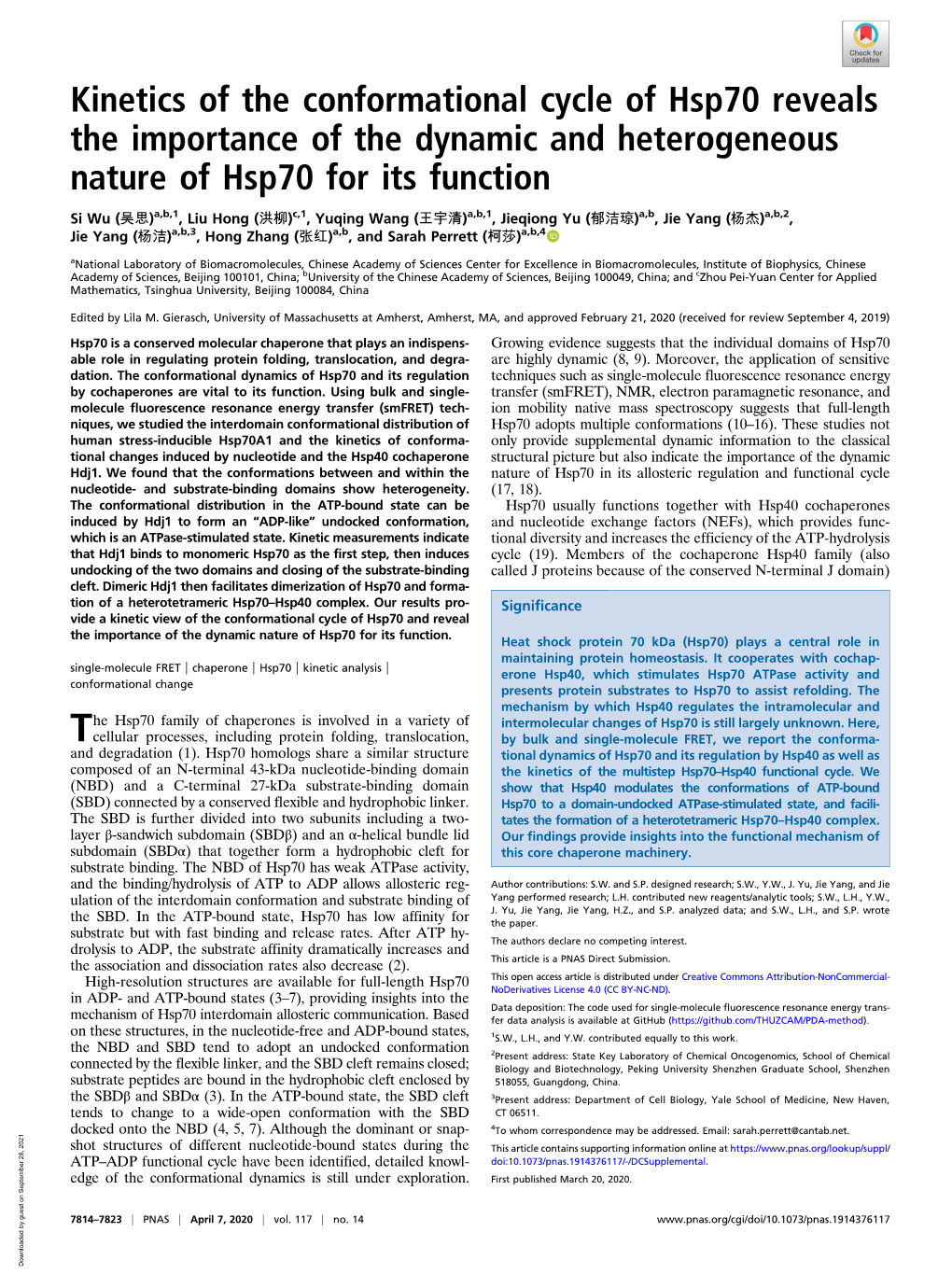 Kinetics of the Conformational Cycle of Hsp70 Reveals the Importance of the Dynamic and Heterogeneous Nature of Hsp70 for Its Function