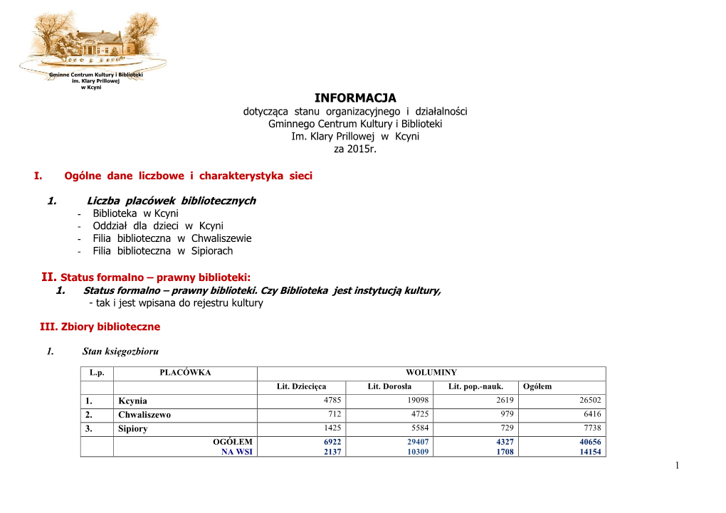 Dotycząca Stanu Organizacyjnego I Działalności Gminnego Centrum Kultury I Biblioteki Im. Klary Prillowej W Kcyni Za 2015R