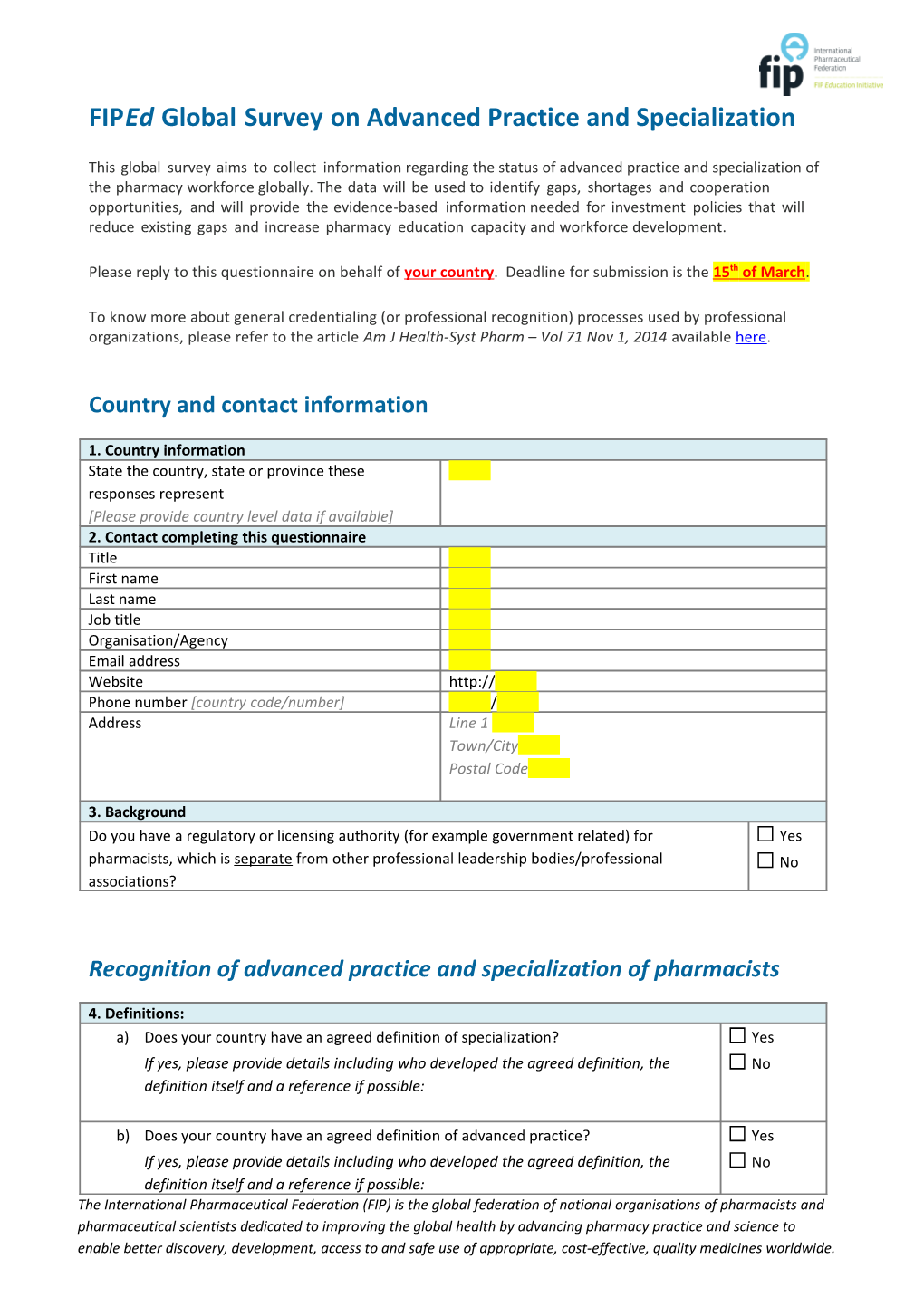 Fiped Global Survey on Advanced Practice and Specialization