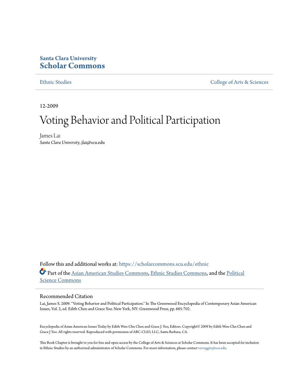 Voting Behavior and Political Participation James Lai Santa Clara University, Jlai@Scu.Edu
