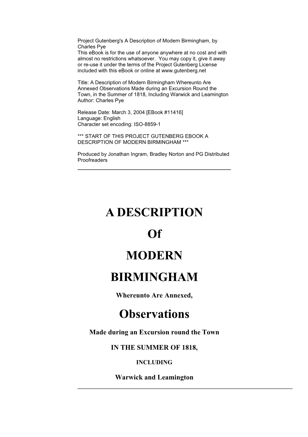 The Project Gutenberg Ebook of a Description of Modern Birmingham, by Charles Pye