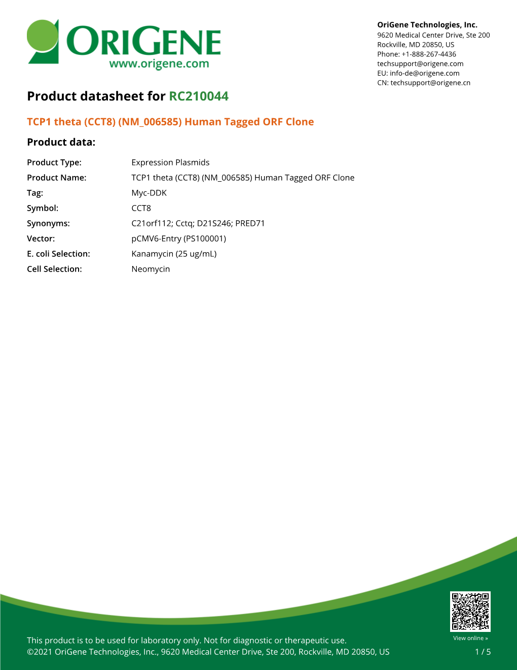 TCP1 Theta (CCT8) (NM 006585) Human Tagged ORF Clone Product Data