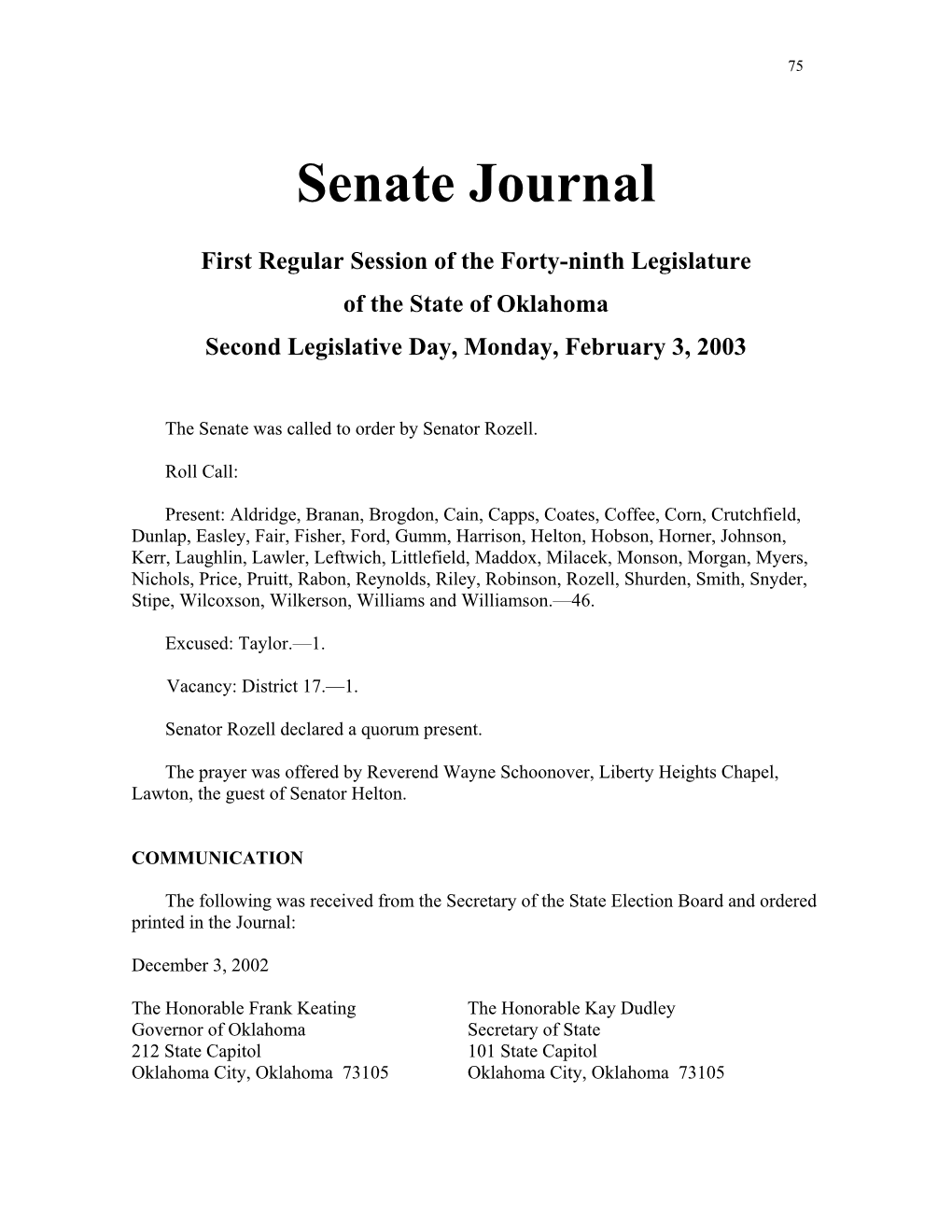 Senate Journal Feb 03, 2003