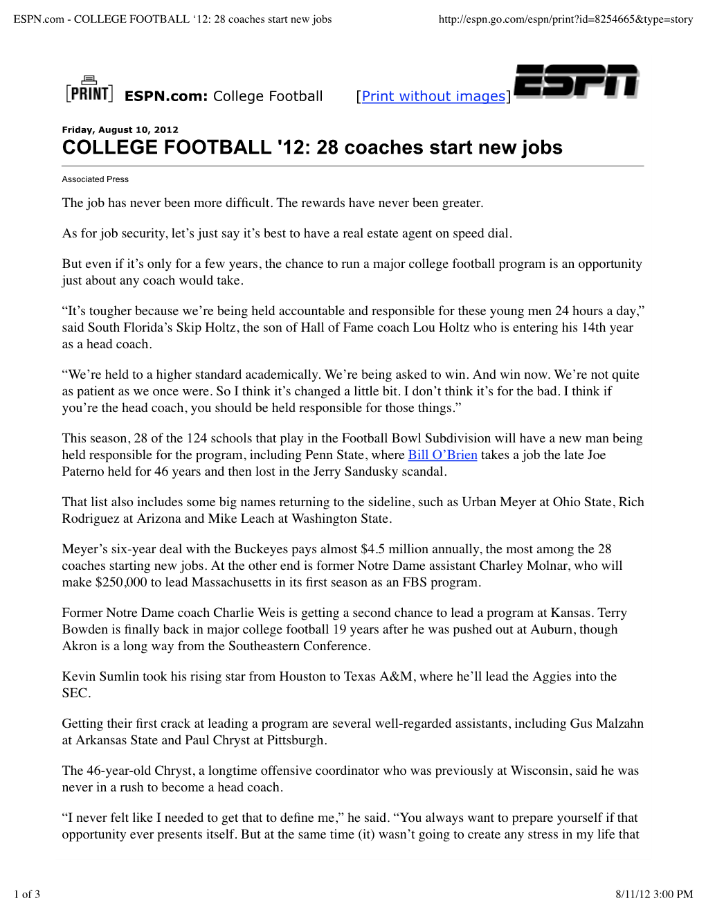 ESPN.Com - COLLEGE FOOTBALL ‘12: 28 Coaches Start New Jobs